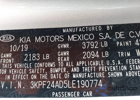 2020 Kia Forte Lxs z USA, uszkodzony, nr VIN 3KPF24AD5LE190774